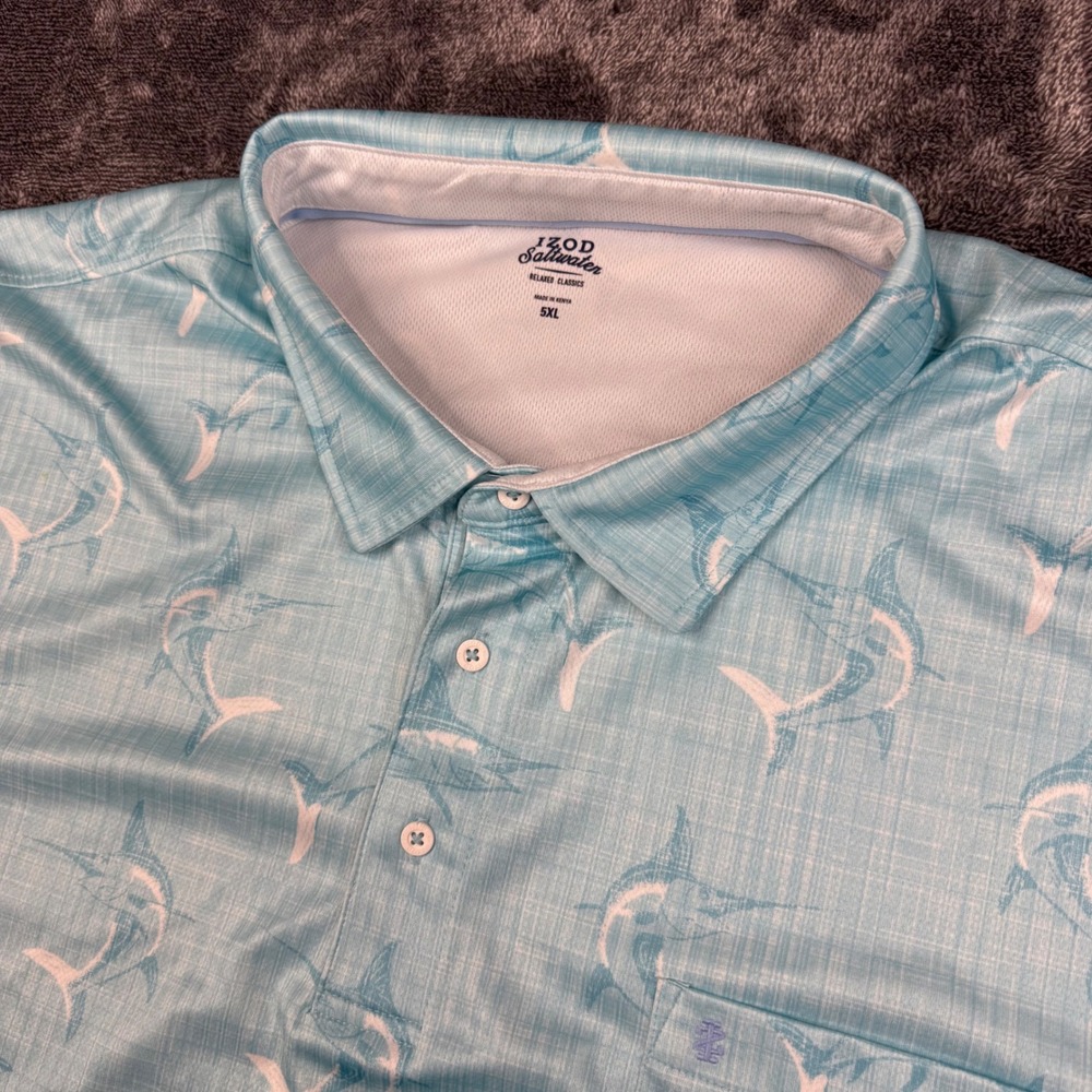 IZOD Polo Shirt Mens 5XL Blue Saltwater Relaxed Marlin Fish Print Short Sleeve
